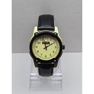 NRA Europa Quartz Watch Black Bezel Gold Tone Case Leather Band Mens New Battery